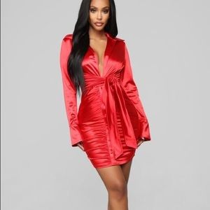 Red satin ruched dress